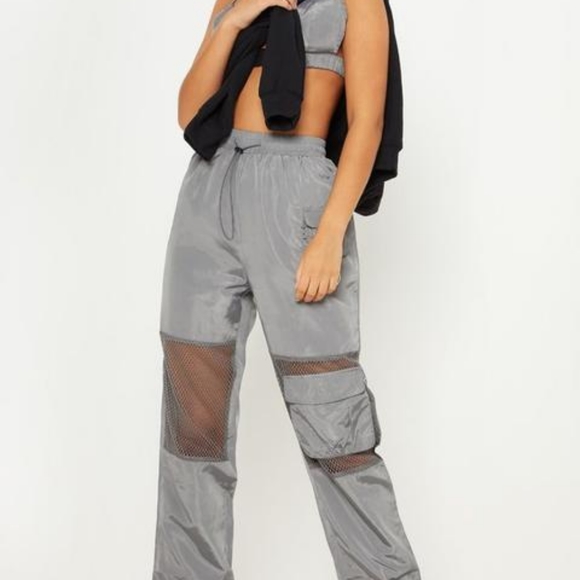 PrettyLittleThing Pants - PLT Grey Fishnet Pant Jogger Pants UK 4 US 0